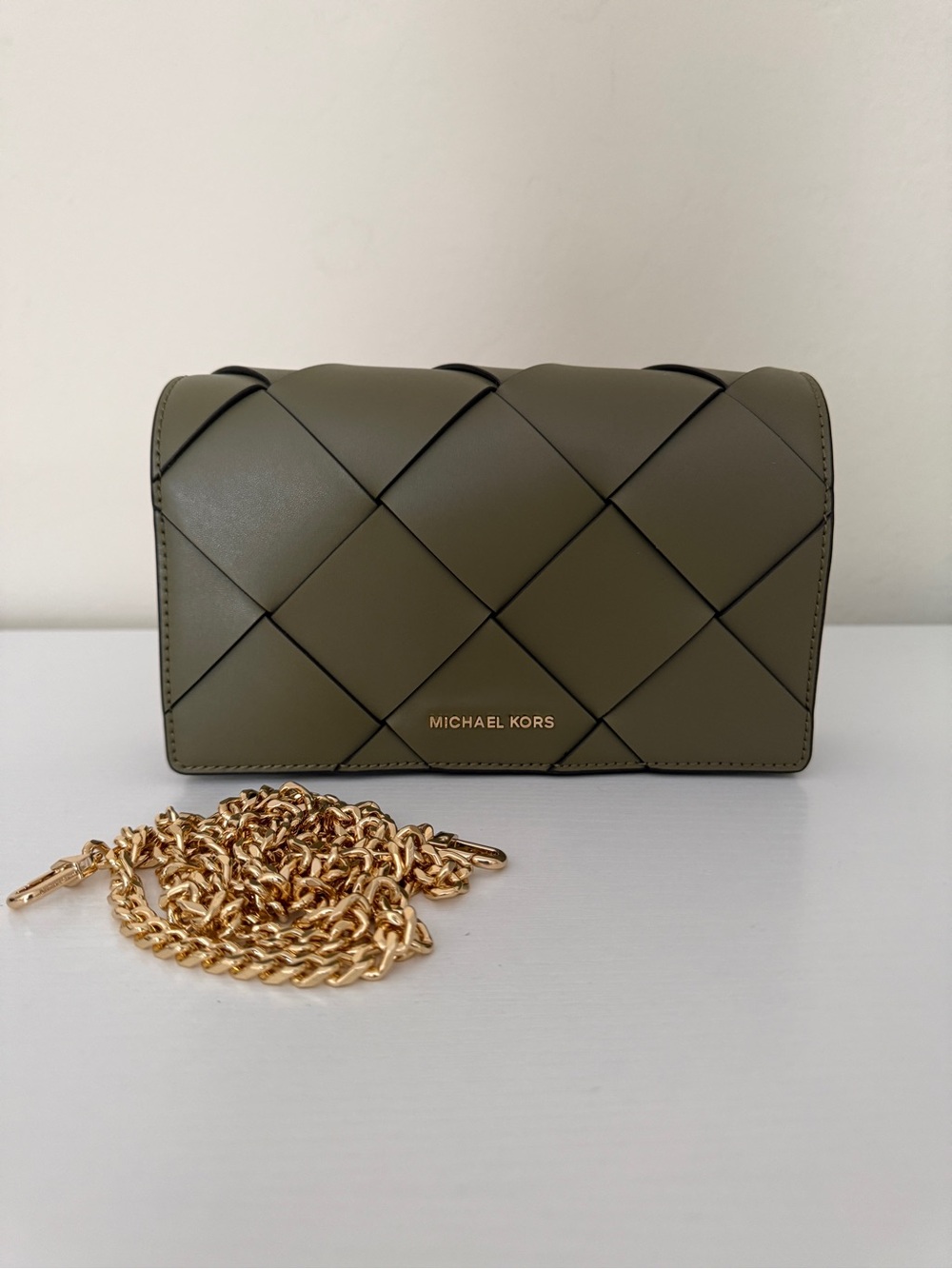 Michael Kors Jet Set Woven Leather Clutch Bag Chain Crossbody Safari Green $298